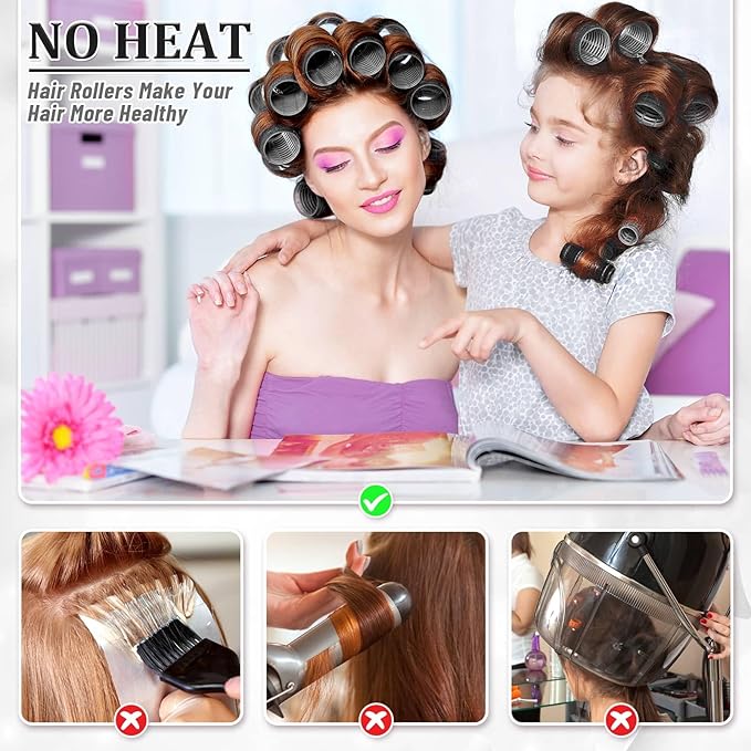 Big Self-Grip Hair Curlers Rollers with Stainless Steel Duckbill Clips for Long, Medium, Thick Hair and Bangs Volume (Black)-Velvo Beauty