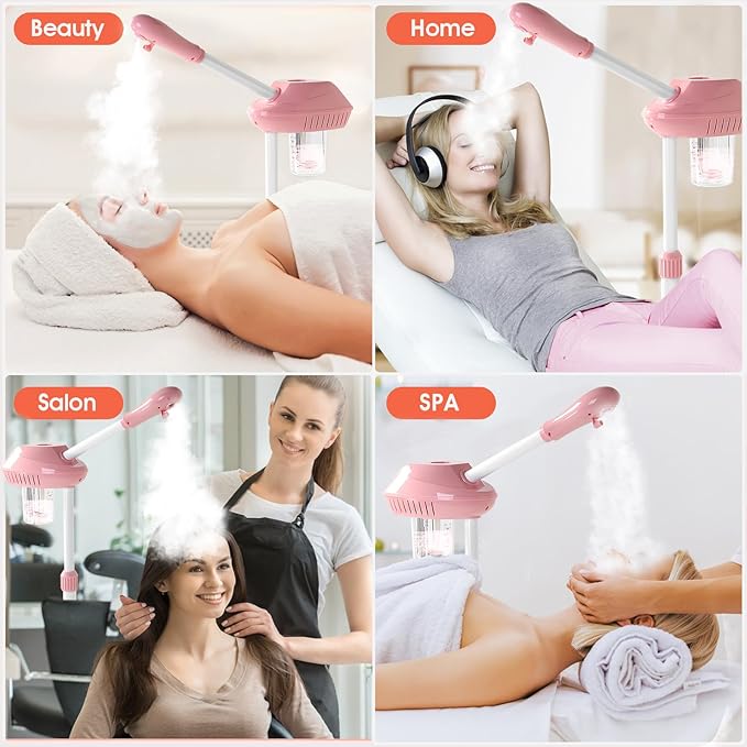 Face Steamer on Wheel Professional Ozone Face Steamer for Deep Facial Cleansing Pink-Velvo Beauty