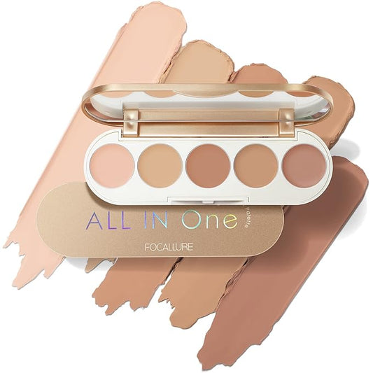FOCALLURE #GoldenAge 5 in 1 Multi Uses Concealer Palette, 5 Colors Correcting Conceal Palette, Camouflage Contour Palettes for Dark Circles, Face Contouring Highlighter Pallet, 01 LIGHT-MEDIUM-Velvo Beauty