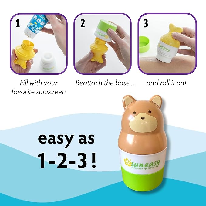 YAYA ORGANICS Sun-Easy Sunscreen Applicator, Refillable Roll-On with Sponge for Kids and Babies, Fun, Fast and Mess-Free application, Holds 100 ml, Bear/Blue Cap-Velvo Beauty