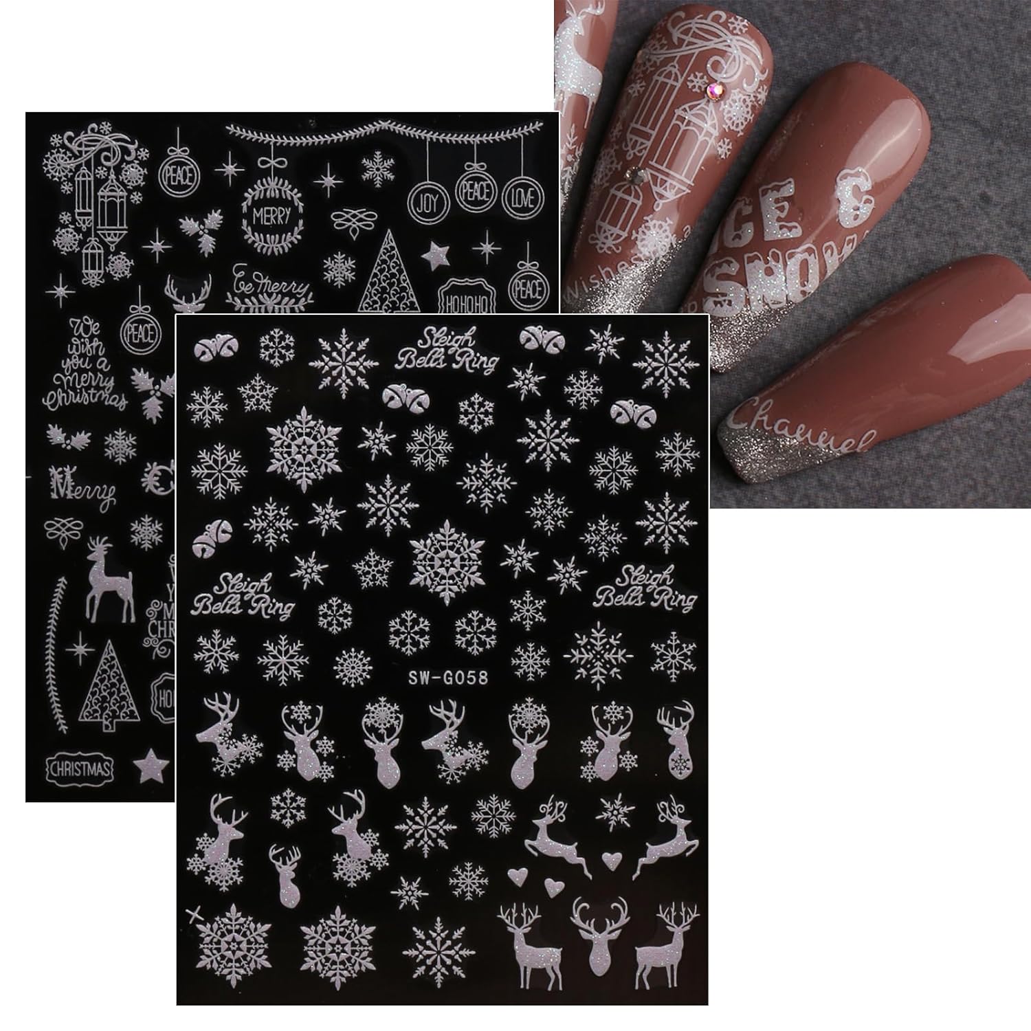 JMEOWIO 9 Sheets Christmas Glitter Nail Art Stickers Decals Self-Adhesive Snowflake Winter Holiday White Nail Supplies Nail Art Design Decoration Accessories-Velvo Beauty