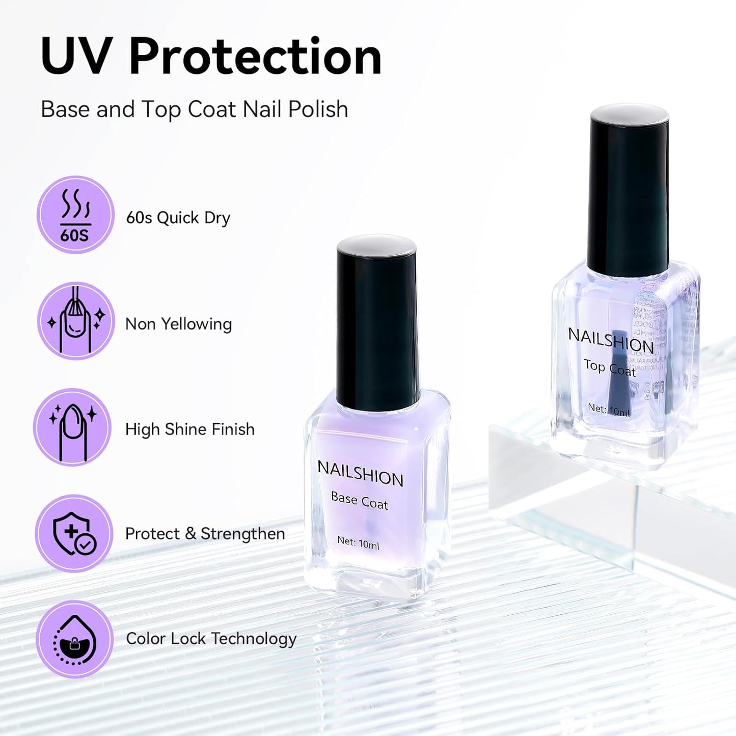 Anti-UV Base Top Coat, 2PCS Calcium & VE Base Strengthening High Shine Top Coat Clear Nail Polish, Chip Resistant Quick Air Dry Protects Color & Nails Prevents Discoloration Manicure Gift-Velvo Beauty