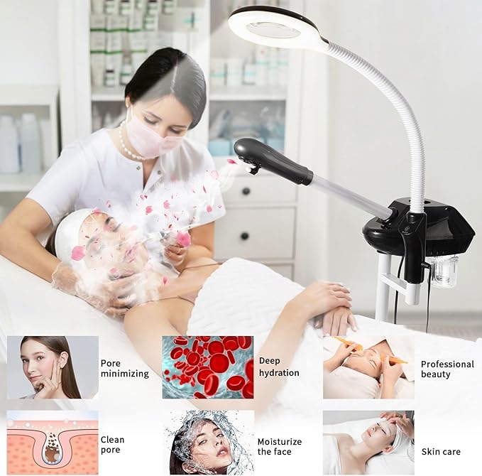 Professional Facial Steamer, 2 in 1 Facial Steamer on Wheels with 5X Magnifying Lamp, Steamer for Face Adjustable Height, Steamer for Facial for Salon, Spa and at Home Use-Velvo Beauty