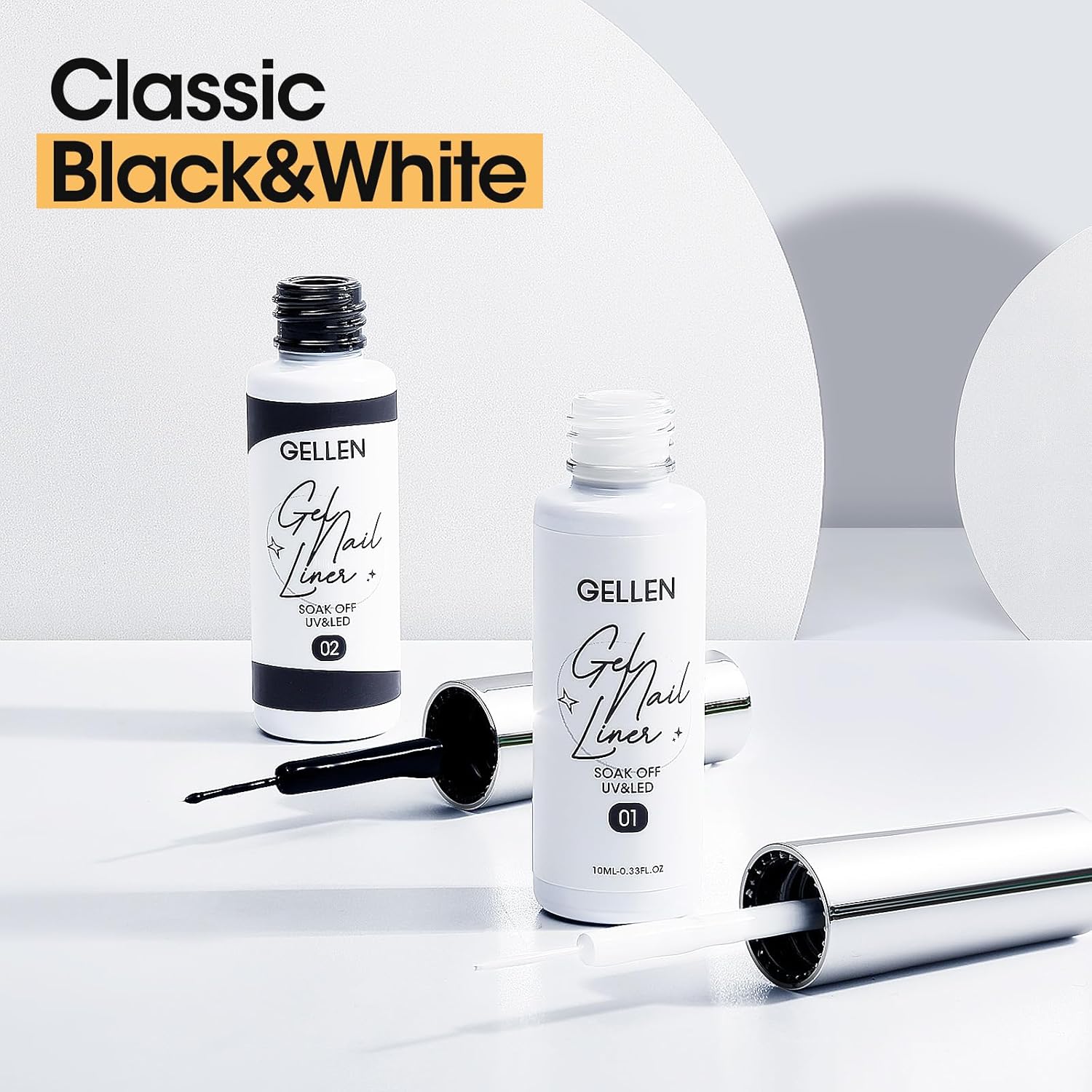 GELLEN 2 Pcs 10ml Black White Liner Gel Nail Polish, Classic Soak off Nail Lamp Nail Art Paint Gel with Thin Nail Art Brush for Euphoria Nail French Manicure-Velvo Beauty