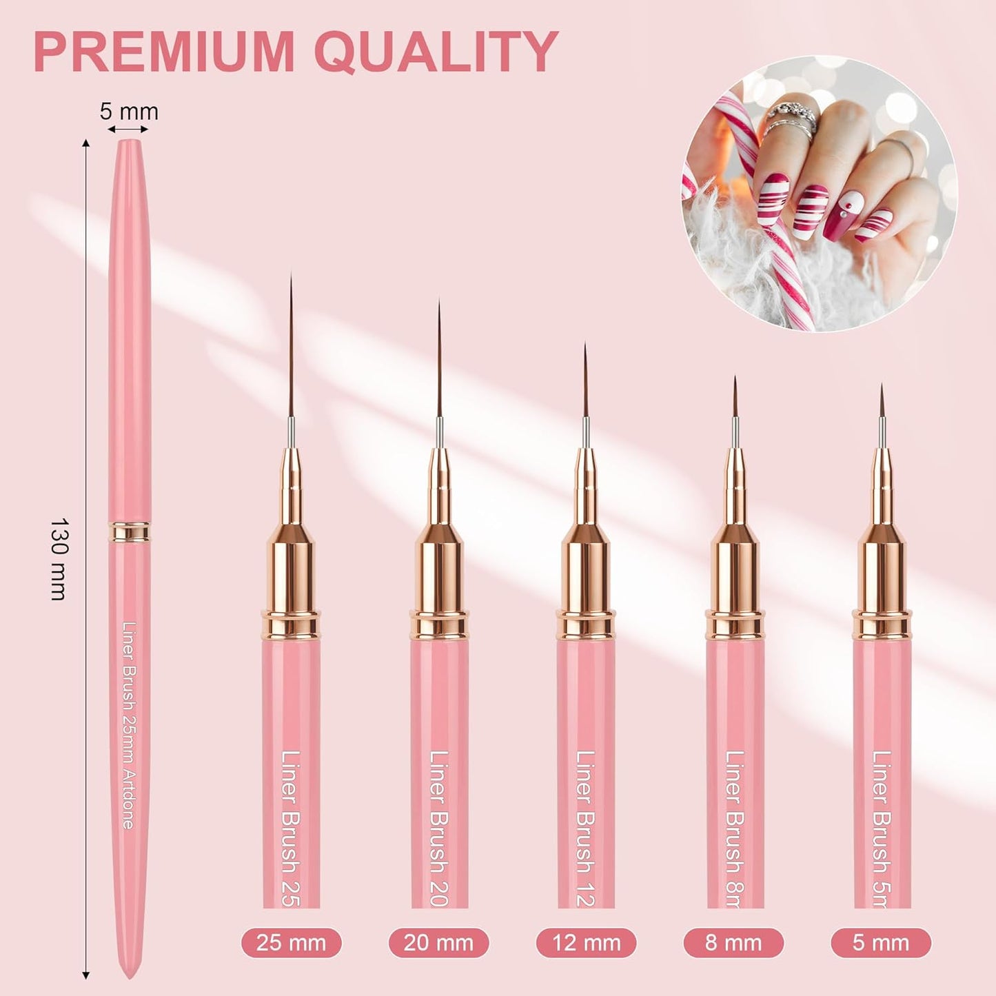 Artdone Metallic Nail Art Pens, Liner Brushes Set, 5PCS Pink Color Nail Tools For Long Lines, Thin Details, Fine Drawing, Liner Brush UV Gel Polish Painting Nail Design Sizes 5/8/12/20/25mm-Velvo Beauty