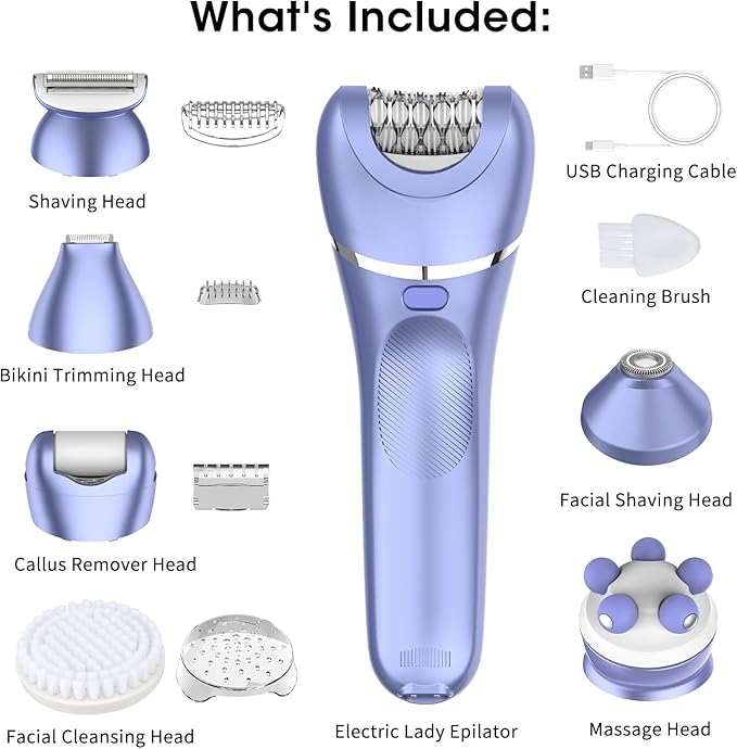 Epilator for Women, 7 in 1 Hair Removal for Women, Body Shaver, Bikini Trimmer, Face Razor, Facial Brush, Face Massage, Foot Callus Remover, IPX7 Waterproof Electric Shavers, Ideal Female Gift-Velvo Beauty