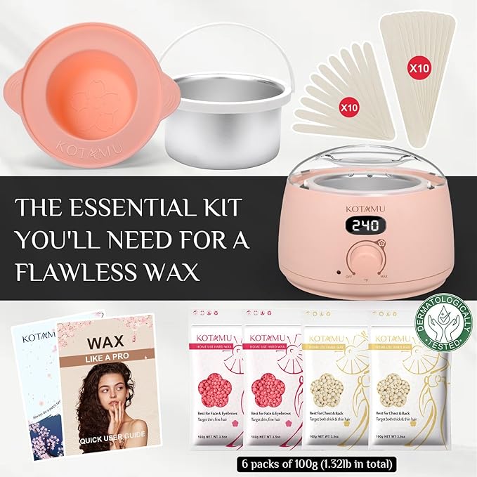 KOTAMU Wax Kit Pink Digital Hair Removal Waxing Kit for Women & Men Hot Wax Warmer Pot for Face, Eyebrow, Body, Brazilian, Bikini, Sensitive Skin Waxing Machine with 25 Accessories for Home Salon-Velvo Beauty