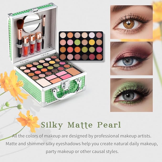 Color Nymph Beginner Makeup Kit For Teens With The Small Cosmetic Train Case Included 24-Colors Eyeshadow Palette Blushes Bronzer Highlighter Lipstick Brushes Mirror(Green)-Velvo Beauty