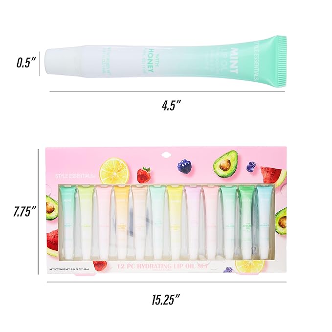 Expressions 12pc Lip Oil Set - Flavored Lip Oils Value Pack, Hydrating Lip Oils w/Squeeze Tube Application, Moisturizing Lip Oil Collection for Everyday Lip Care and Lip Repair (FRUITS)-Velvo Beauty