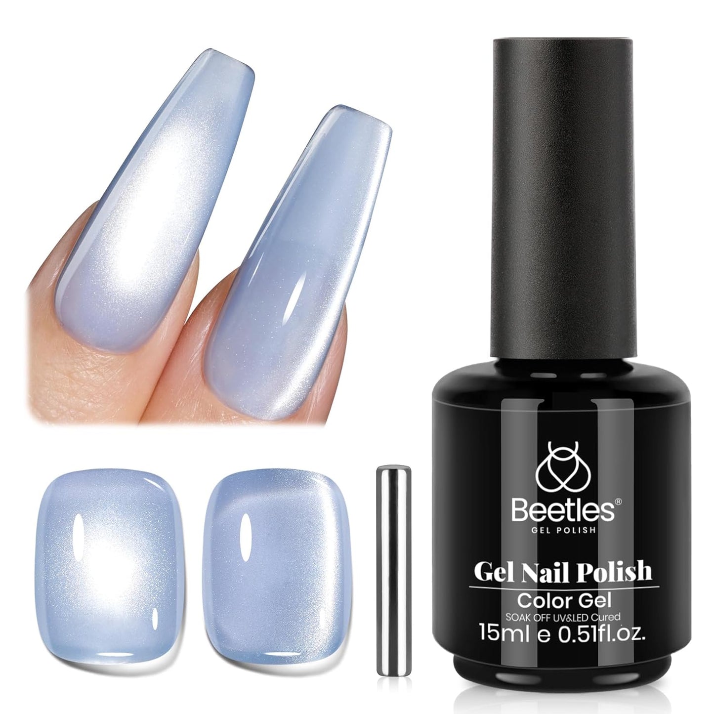 Beetles Blue Cat Eye Gel Polish, 15ML Light Blue Glass Cat Eye Glitter Gel Polish with Magnet Shimmer Translucent Sheer Color Soak Off UV Frosted Galaxy Series French Nail Art Gift for Women-Velvo Beauty