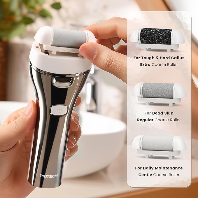 Electric Foot Callus Remover, Rechargeable Portable Electronic Foot File Pedicure Kits, 3 Roller Heads, 3 Speed, Battery Display for Remove Cracked Heels Calluses and Dead Skin-Velvo Beauty