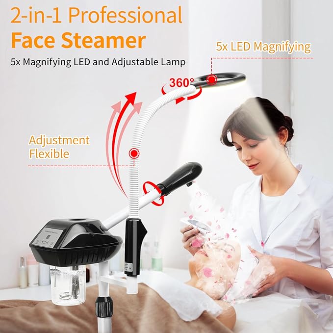 Professional Facial Steamer, 2 in 1 Facial Steamer on Wheels with 5X Magnifying Lamp, Steamer for Face Adjustable Height, Steamer for Facial for Salon, Spa and at Home Use-Velvo Beauty