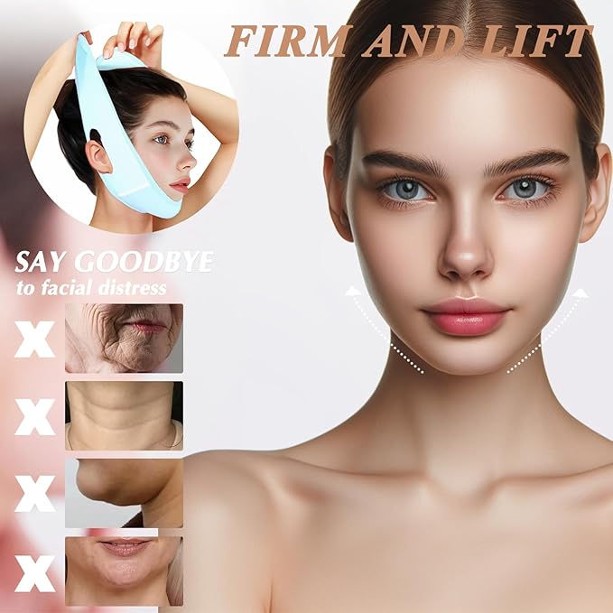 Reusable V Line Lifting Mask with Chin Strap, V Shaped Face Mask for Sagging, Jaw Exerciser (Light Blue)-Velvo Beauty