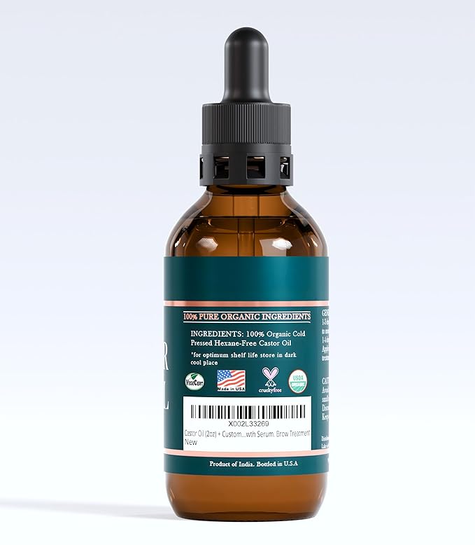 Organic Castor Oil Lash Serum for Hair Growth, 100% Pure Eyebrow Eyelash Growth Serum, Cold Pressed Hexane Free (2oz Glass Bottle + FILLED Mascara Tube)-Velvo Beauty