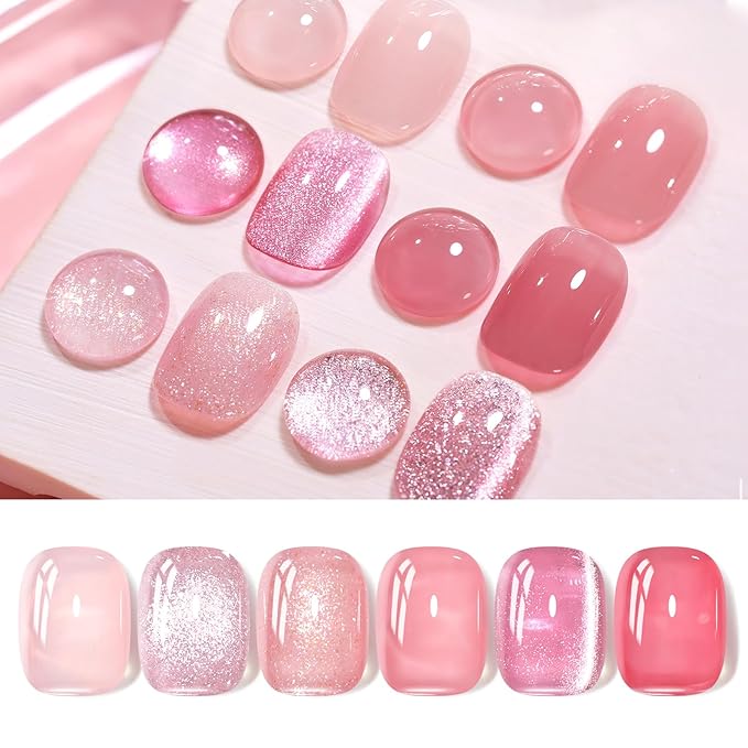 Born Pretty Gel Nail Polish Pink Nude Series,Jelly Transparent,Cat Magnetic Eye,Shimmer Glitter Holographic Pink Nude Gel Polish Kit for Salon Manicure and Nail Art DIY at Home 6Colors-Velvo Beauty