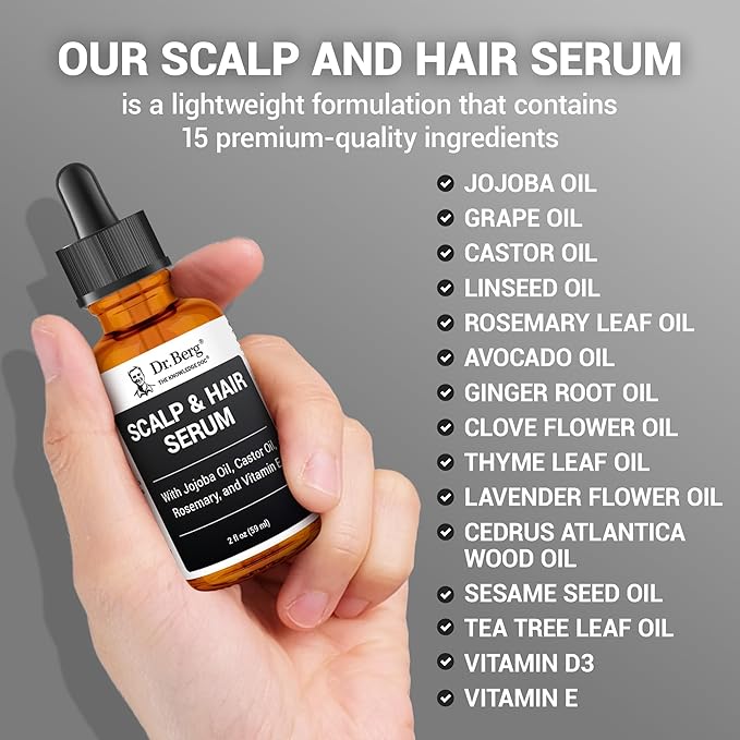 Dr. Berg Scalp & Hair Serum (Improved Formula) with Vitamin D3 & E - Clinically Tested, Paraben- and Sulfate-Free Hair Oil for Women & Men - Includes Rosemary Oil, Castor Oil & Jojoba Oil - 2 Fl oz-Velvo Beauty
