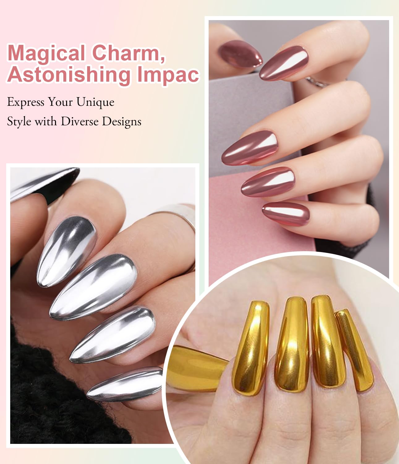 Chrome Nail Powder BISHENGYF: Super Metallic Effect Chrome Powder For Nails Gold Silver Red Laser White Pearl Nail Chrome Powder for Nails Art Decoration-Velvo Beauty
