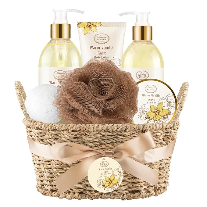 Bath and Body Warm Vanilla Sugar Spa Gifts for Women, with Shower Gel, Bubble Bath, Body Lotion, Bath Bomb, Bath Salt, Spa Basket Gift Set for Women, 7pcs Set Gifts-Velvo Beauty