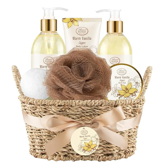 Bath and Body Warm Vanilla Sugar Spa Gifts for Women, with Shower Gel, Bubble Bath, Body Lotion, Bath Bomb, Bath Salt, Spa Basket Gift Set for Women, 7pcs Set Gifts-Velvo Beauty