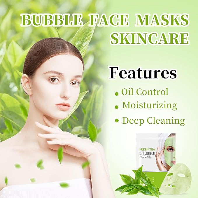 10 Sheets Face Masks Skincare O2 Bubble Green Tea Face Mask, Cleaner Bubble Sheet Masks Foaming Purifying Facial Mask for Pores, Moisturizing Spa Face Masks Skin Care For All Skin Type-Velvo Beauty