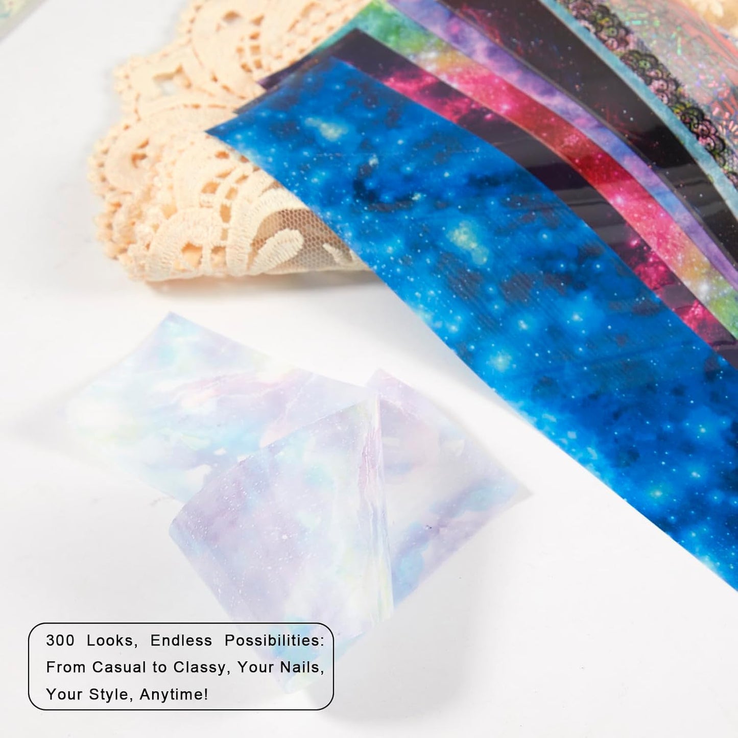 WOKOTO 300 Sheets Nail Foils Transfer Nail Art Holographic Flower Rose Solid Nail Art Foil Sheets, 1 Set for All Various Designs Nail Transfer Foil for Women Girls Nails-Velvo Beauty