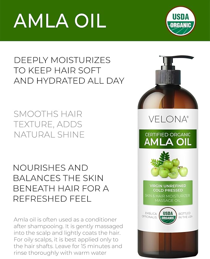 velona Amla Oil USDA Certified Organic - 16 Fl Oz | 100% Pure and Natural Carrier Oil | Extra Virgin, Unrefined, Cold Pressed-Velvo Beauty