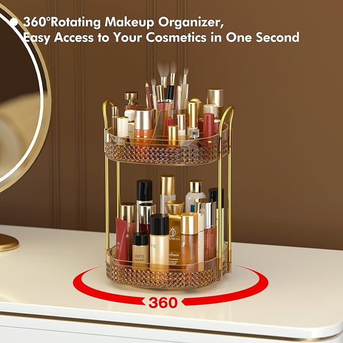 Awenia Rotating Makeup Organizer 360, Stackable Adjustable Large Capacity Cosmetic Storage Unit,Dresser Bathroom Kitchen Countertop Organizer with Metal Handle, Plus Size (Honorable Gold, 2 Tier)-Velvo Beauty