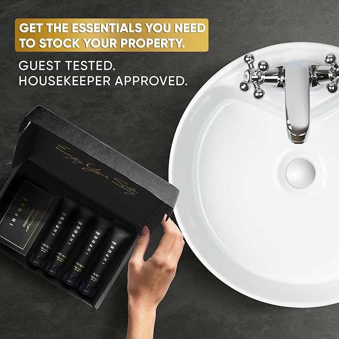 Infuse Black Amenity Kit | Boxed Hotel Toiletries | Bulk Set 1 oz Travel Size Shampoo, Conditioner, Lotion, Body Wash & Cleansing Bar for Guest Hospitality AirBnB/Vacation Rentals | 75 Pieces-Velvo Beauty