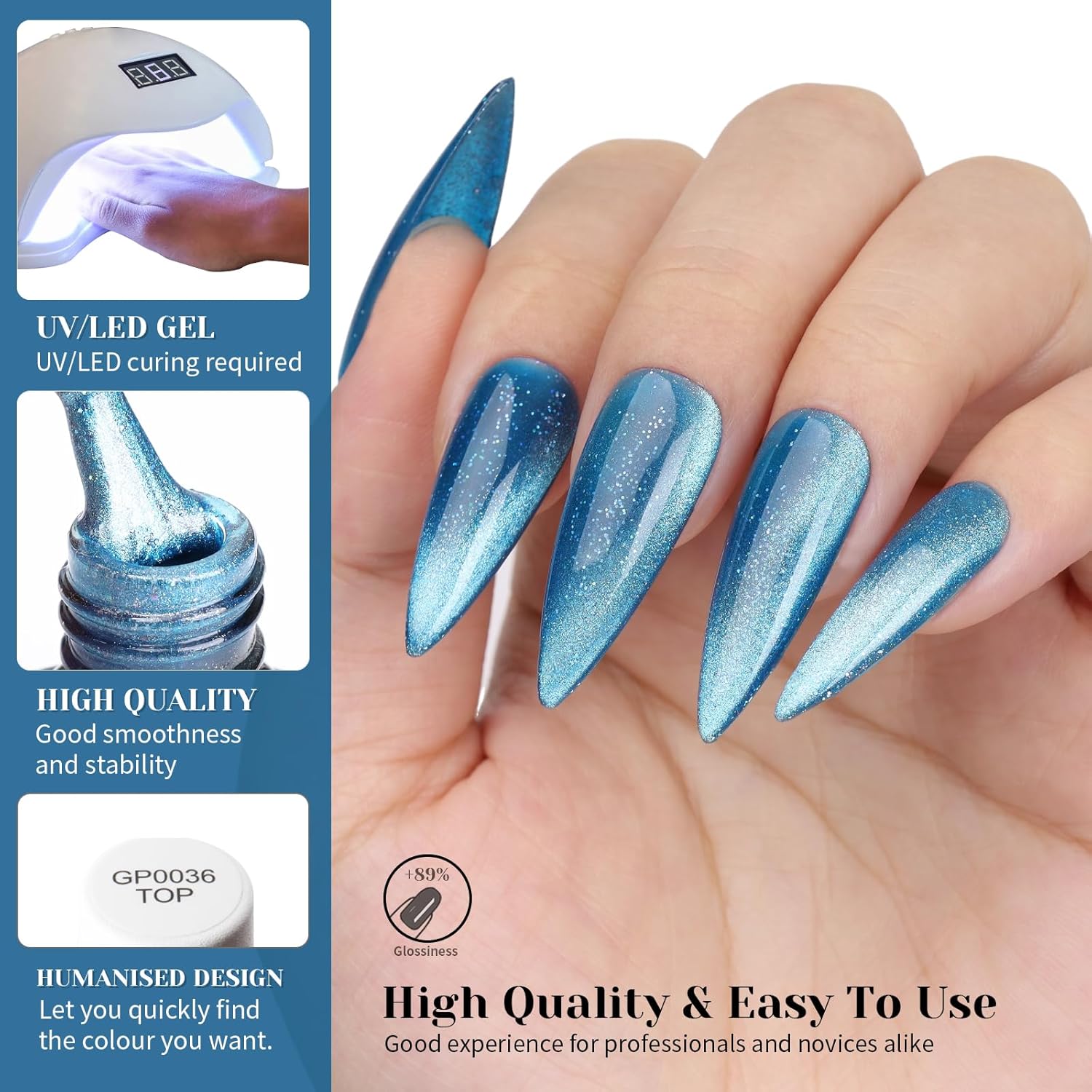 Blue Cat Eye Gel Nail Polish,Iridescent Quicksand Galaxy Holographic Blue Cateye Gel Polish with Magnet, Shimmer Velvet Soak Off Uv Led Home Diy Manicure - GP0102-Velvo Beauty
