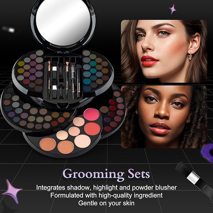 Color Nymph Makeup Kit For Teen Girls, Ball Case Full Kit Makeup Kit For Beginner Practice Professional Makeup Set with 60 colors eyeshadows, 11 colors lip glosses, Highlighter Bronzer Mascara etc-Velvo Beauty