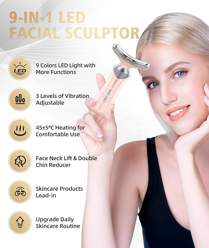 9-in-1 Red-Light-Therapy-for-Face-and-Neck, Portable Facial Massager Tool with Adjustable Vibration & Thermals for Wrinkles, Double Chin, Pink-Velvo Beauty
