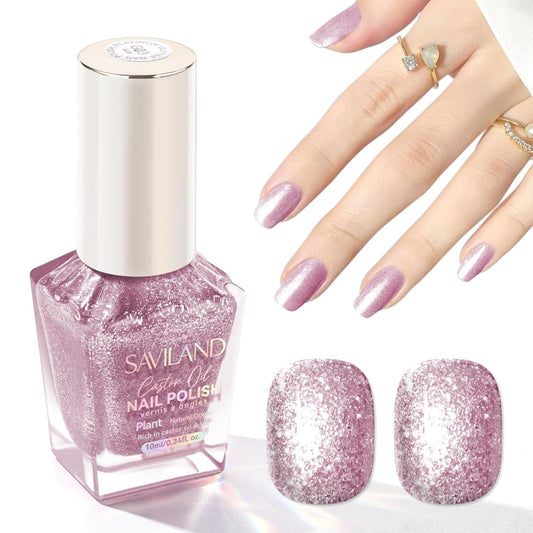 SAVILAND Color Artistry Rose Gold Glitter Nail Polish - 7 Days Shimmer Air Quick Dry Holographic Fingernail Polish, Sparkle Pink High Glossy Home DIY Manicure Gift for Women-Velvo Beauty