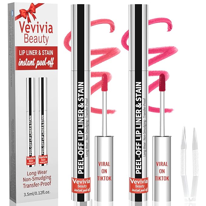2pcs Lip Stain Peel Off - Lip Liner Stain Long Lasting Waterproof,2-in-1 Lip Liner with Tweezer Nude Matte,Non-Stick Cup,Highly Pigmented，Natural Finish,Stay On All Day,Perfect for Gift (Nude+Rose)-Velvo Beauty