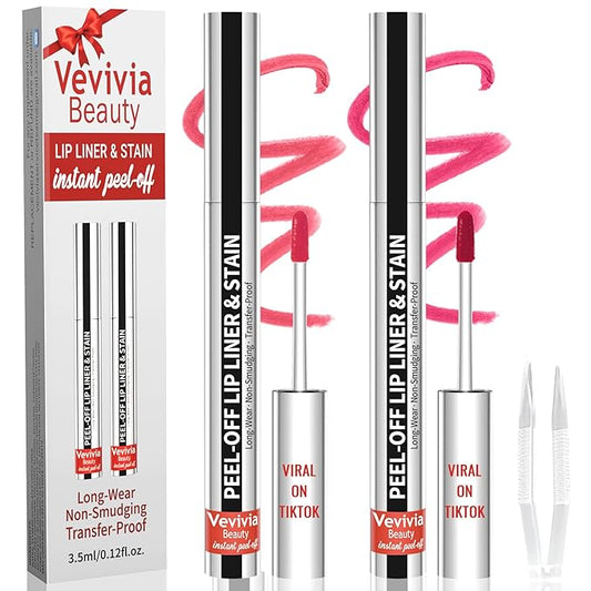 2pcs Lip Stain Peel Off - Lip Liner Stain Long Lasting Waterproof,2-in-1 Lip Liner with Tweezer Nude Matte,Non-Stick Cup,Highly Pigmented，Natural Finish,Stay On All Day,Perfect for Gift (Nude+Rose)-Velvo Beauty
