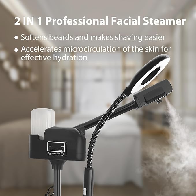 Professional Facial Steamer 2 in1 Steamer for Face 5X LED Magnifying Lamp Facial Steamer for Esthetician Beauty Face Equipment Use at Home or Salon（Black）-Velvo Beauty
