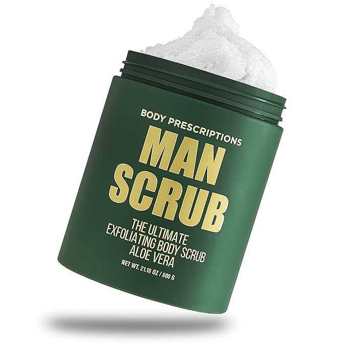 Body Prescriptions Men’s Exfoliating Body Scrub – Ultimate Skin Cleansing Wash in Jar with Twist-Top Lid, For All Skin Types, 21 Ounce (Pack of 4), Aloe Vera-Velvo Beauty