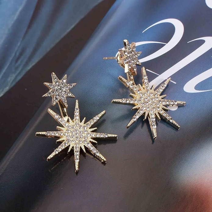 Starburst Jacket Earrings Gold Rhinestone Sun Earrings Front Back Studs Earrings Boho Celestial Earrings Jewelry for Women and Girls Gifts-Velvo Beauty