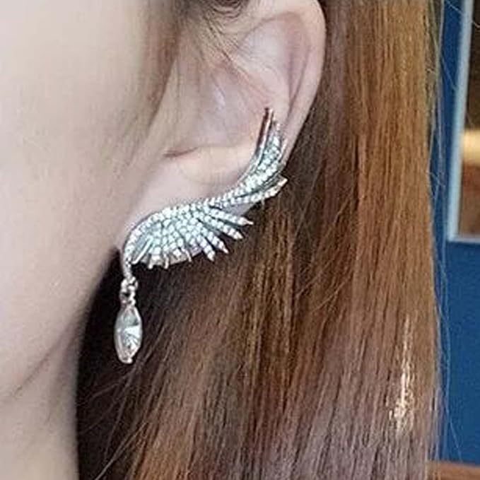 Boho Crystal Angel Wing Earrings Silver Rhinestone Wing Earrings Cz Crystal Ear Climber Earrings Guardian Wing Clip on Earrings Jewelry for Women and Girls Gifts-Velvo Beauty