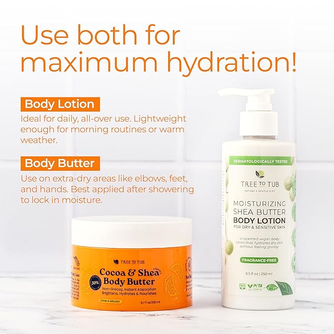 Tree to Tub Shea Body Butter for Dry, Extremely Dry, Sensitive Skin - Moisturizing Body Cream for Women & Men, Hydrating Body Lotion Moisturizer w/Vitamin C, Organic Cocoa, Citrus Scent-Velvo Beauty