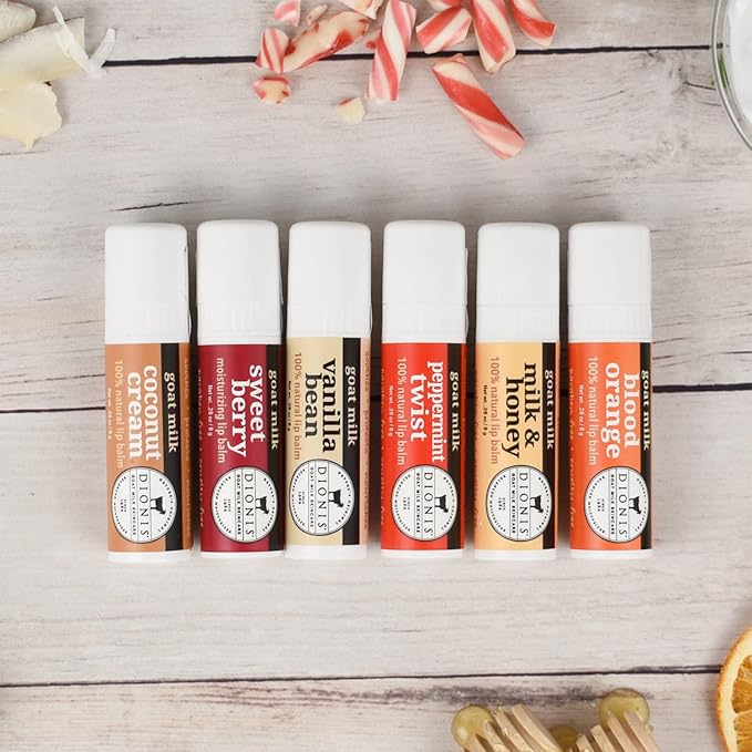 Dionis Goat Milk Lip Balm Deluxe Gift Box Set of 6 Vanilla, Coconut, Milk & Honey, Berry, Peppermint & Blood Orange Scented Chapstick - Shea Butter & Coconut Oil Gifts For Her, Protect & Restore Lips-Velvo Beauty