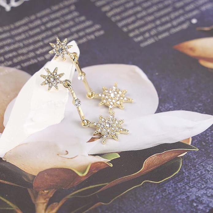 Vintage Crystal Starburst Drop Earrings Long Rhinestone Northstar Earrings Gold Cz Star Dangle Earrings Cz North Star Stud Earrings Jewelry for Women-Velvo Beauty