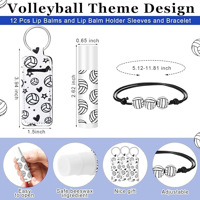 72 Pcs Sports Team Gifts Include 12 Makeup Bags 12 Lip Balm 12 Lip Balm Holder 12 Necklace 12 Adjustable Bracelet 12 Mirrors for Sports Lovers Players Party Favors (White, Volleyball)-Velvo Beauty