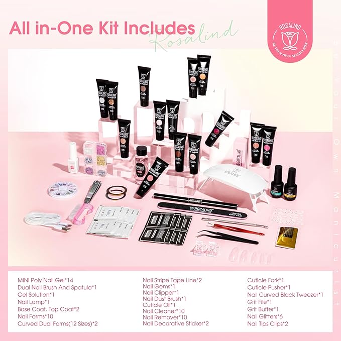 ROSALIND 14 Colors Poly Nail Gel Kit with Mini Nail Lamp Pink Brown Poly Nails Gel Kit Starter Kit With Slip Solution Kit Pink Extensions Gelfor Nail Manicure Beginner-Velvo Beauty