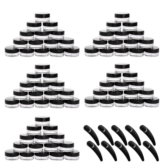 Refillable Cosmetic Sample Jars - 100 Pack 10g (0.35oz) Black Small Travel Containers with Lids + 10 Mini Makeup Spatulas - BPA Free-Velvo Beauty