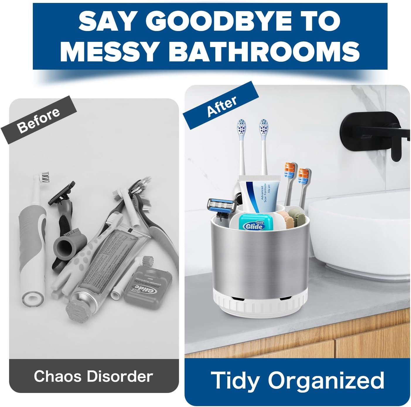 Silver Toothbrush Holders for Bathrooms Countertop Organizer - Kids Electric Toothbrush and Toothpaste Holder Rotating Tooth Brush Organization Bathroom Sink Accessories Storage Caddy-Velvo Beauty