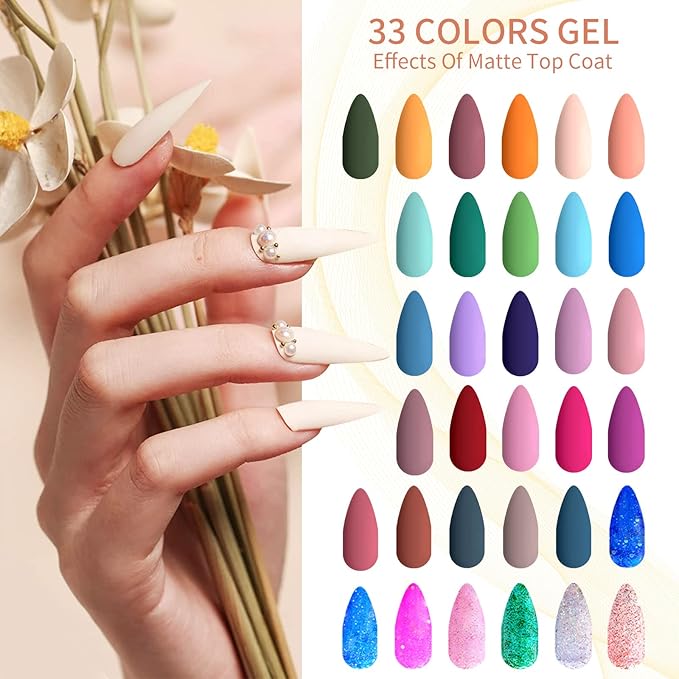 JEWHITENY Gel Nail Polish Kit, 36 Pcs 7ML Soak Off Gel Polish Set Pink Blue Green Yellow Gel Nail Kit Glitter Nail Art Starter Kit Beauty Gifts-Velvo Beauty