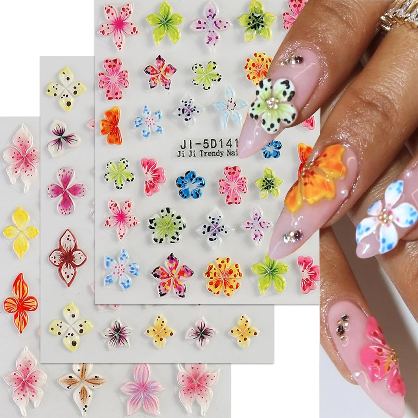 Colorful Flower Nails Art Stickers 5D Self-Adhesive Embossed Nails Stickers Hibiscus Flower Design Tropical Floral Nails Decal Supplies Women DIY Nail Art Decoration 3 Sheets-Velvo Beauty