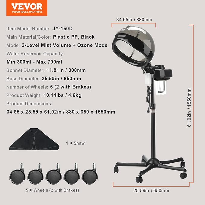 VEVOR Professional Hair Steamer for Deep Conditioning, 11.81-inch Hooded Ionic Hair Steamer with 2 Modes, Height-Adjustable Standing Hair Steamer with Timer, 5 Wheels (2 Lockable) for Salon Home Spa-Velvo Beauty