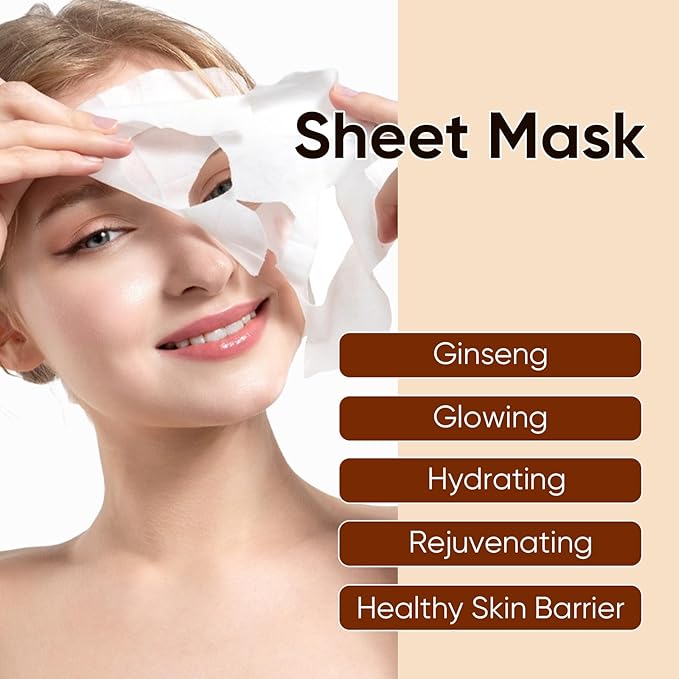 10Pack Sheet Face Masks Skincare for All Skin Types, Moisturizing Hydrating Face Masks Suitable for Sensitive Skin, Red Ginseng Face Masks for Wrinkles, Fine-Lines, Firmness and Elasticity-Velvo Beauty