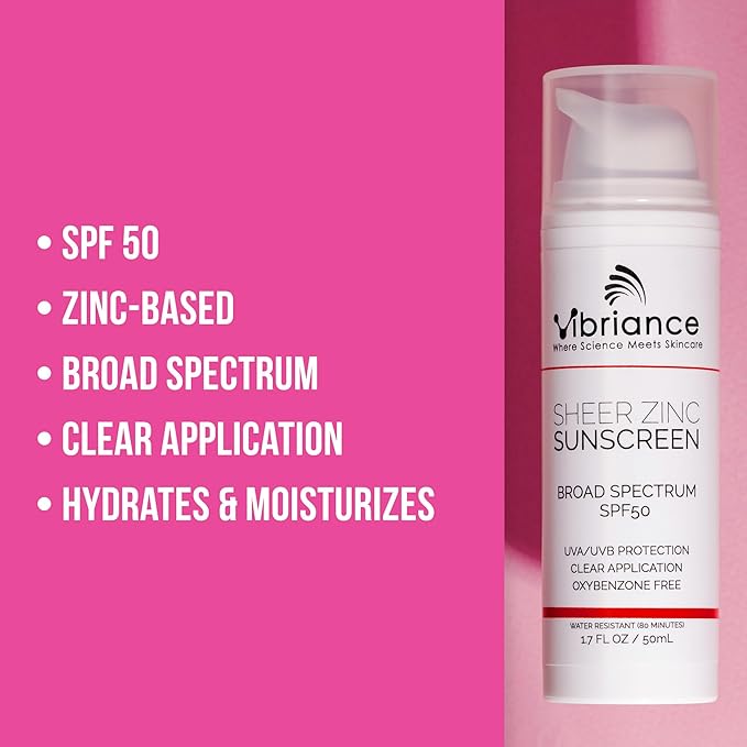 Vibriance Sheer Zinc Sunscreen - Tinted Sunscreen for Face SPF 50, Lightweight Facial Moisturizer with Niacinamide, Hyaluronic Acid - 1.7 fl oz-Velvo Beauty